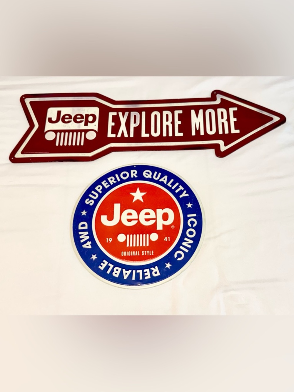2 Metal Jeep Signs Jeep Explore More Arrow Embossed Metal & Circle Jeep Metal